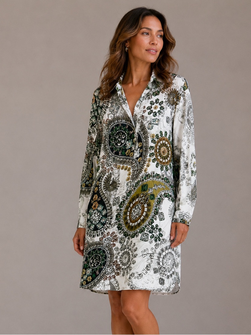 New Sara Roka Jewel Paisley Long Sleeve Cotton Chemisier Shirt Dress Sz 42 Small